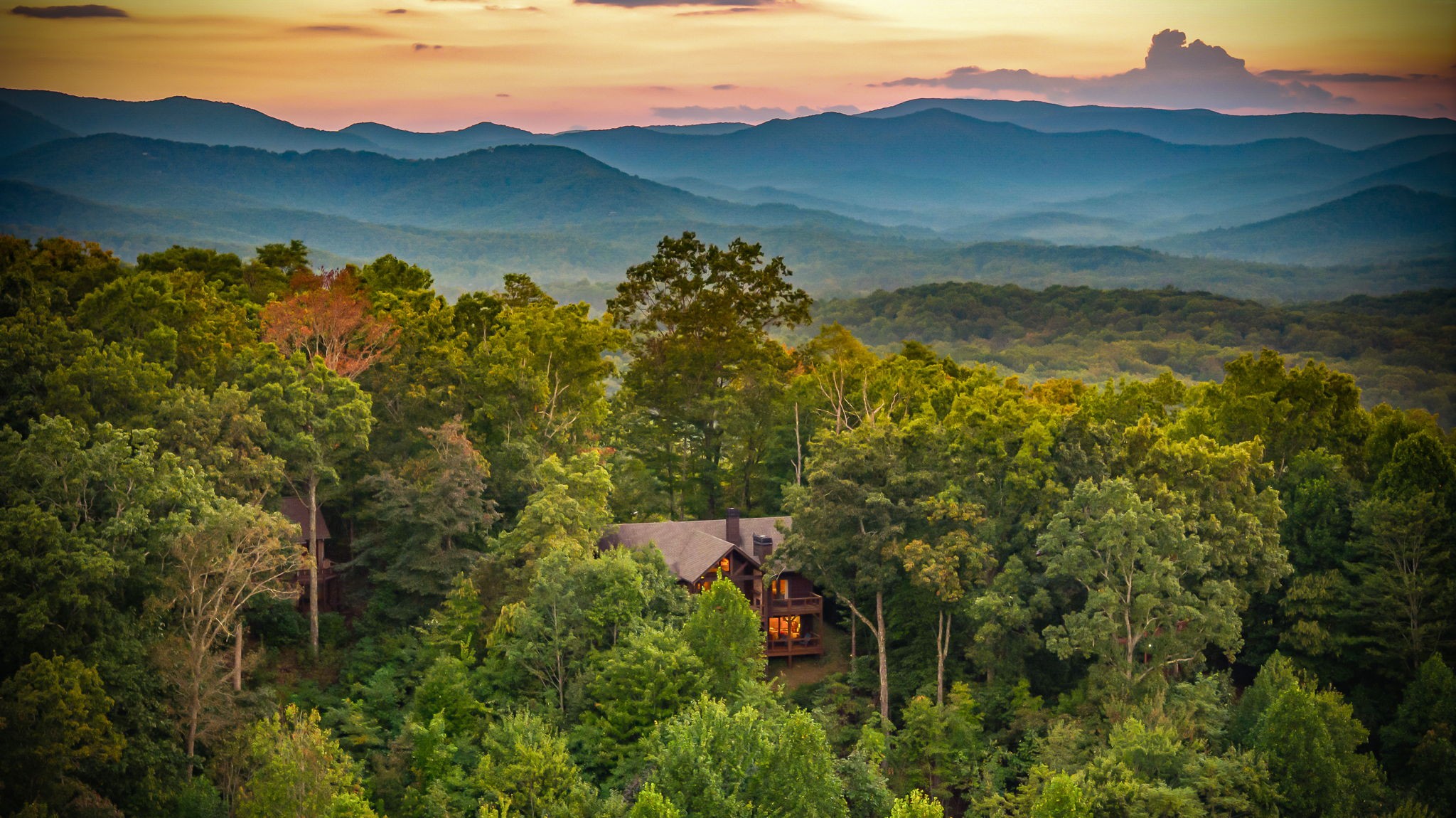 Aerial view of Eversky on Sunrock with panoramic Blue Ridge Mountain views