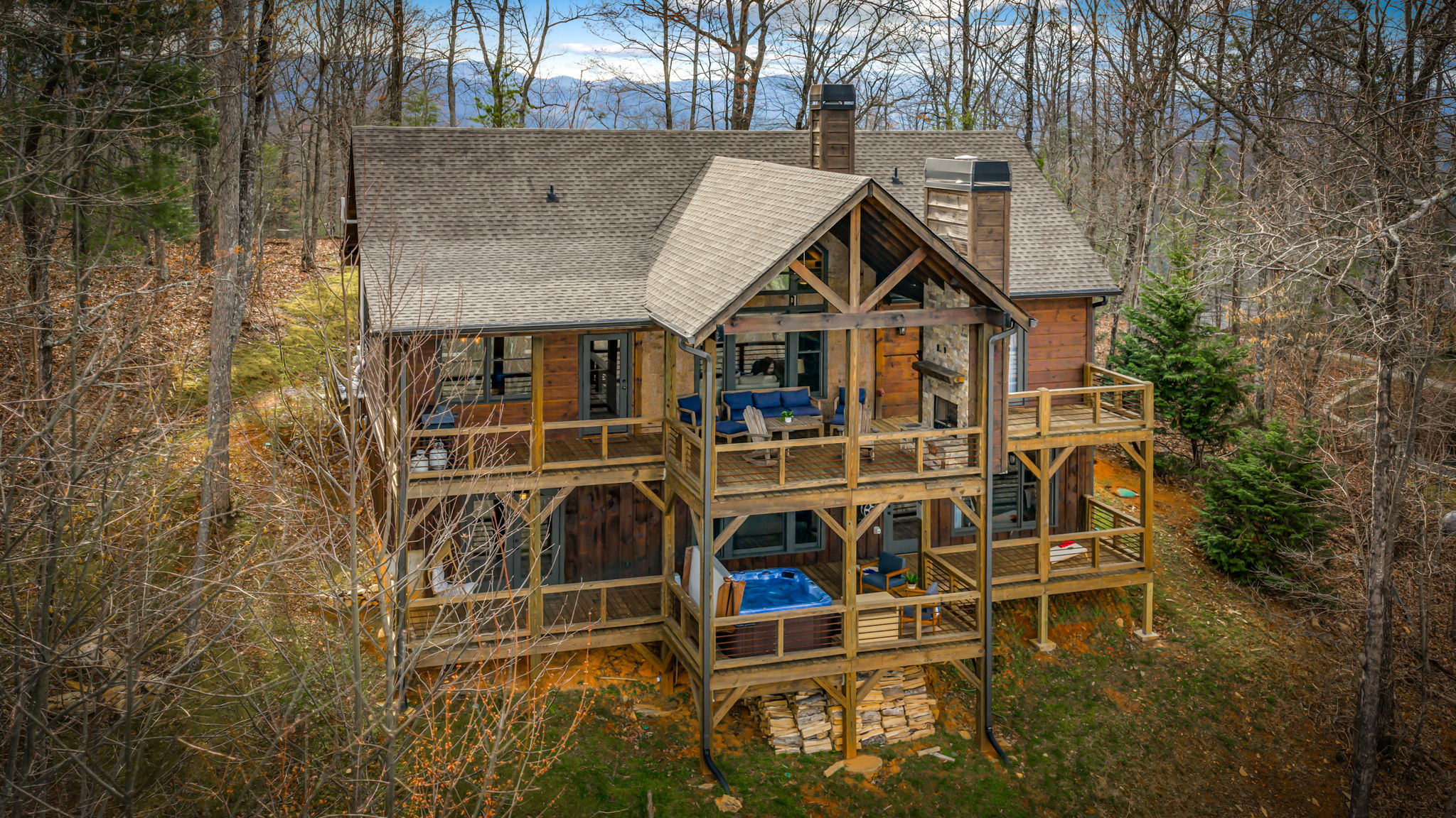 Aerial view showing two-level deck system