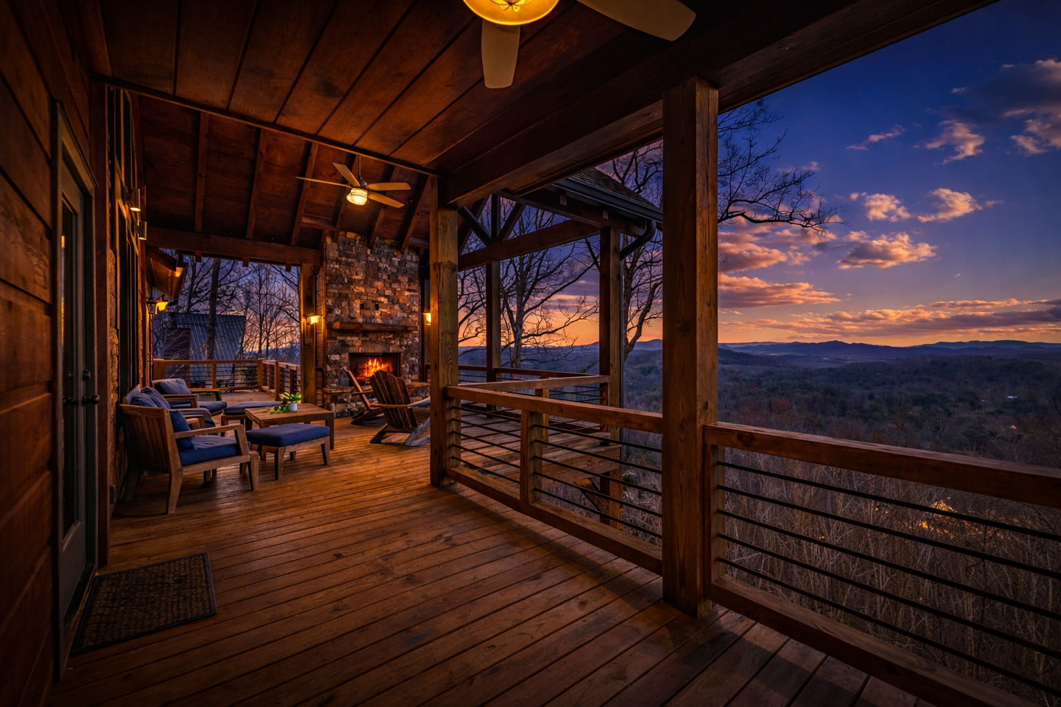 Covered deck with outdoor fireplace burning at dusk overlooking Blue Ridge Mountains
