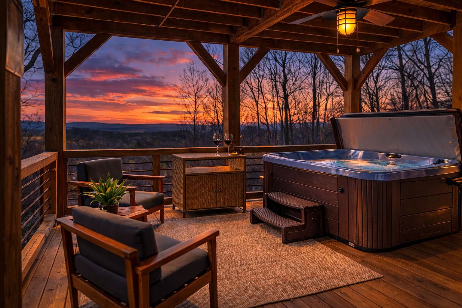 Hot tub on covered deck at sunset with wine glasses